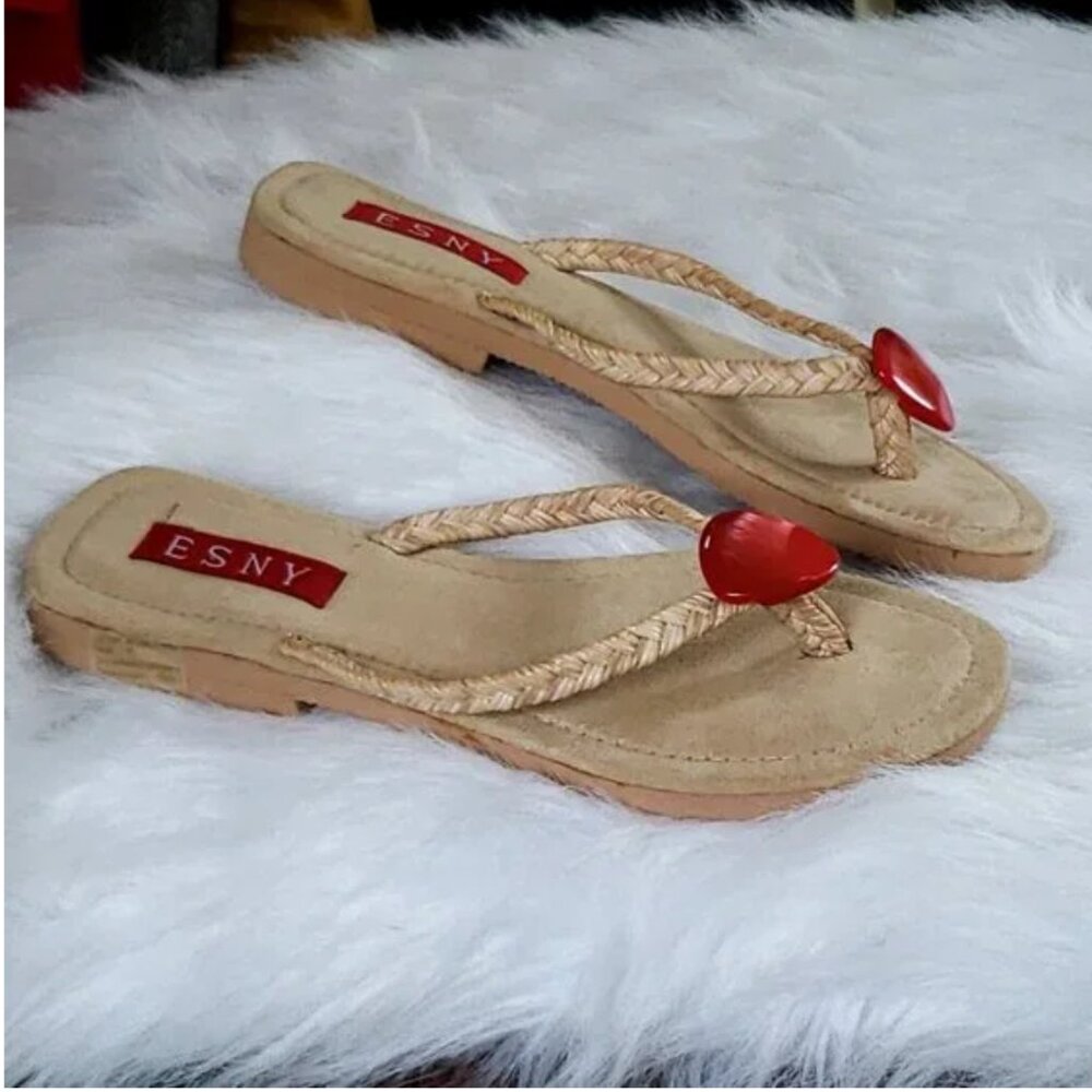 Like New Y2K ESNY Bohemian Flip Flops Sandals Braided Beachy. Tan / Red Stone